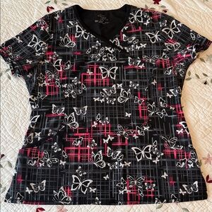 Cherokee Women's Short Sleeve Top - Black, Red, and White Butterfly Print